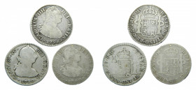 LOTS - Carlos IV (1788-1808). LOTE 3 piezas 2 Reales. 1790, 1792 y 1796 FM. México. AC 624,626 y 631. 1792 con pequeño agujero.
bc+