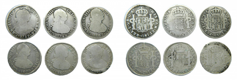 LOTS - Carlos IV (1788-1808). LOTE 6 piezas 2 Reales. 1789 DA, 1799 DA, 1803 FJ,...