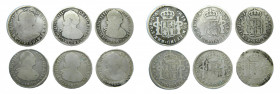 LOTS - Carlos IV (1788-1808). LOTE 6 piezas 2 Reales. 1789 DA, 1799 DA, 1803 FJ, 1804 FJ, 1805 FJ y 1807 FJ. Santiago. AC 684, 698, 705, 706, 708 y712...