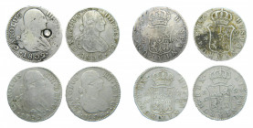 LOTS - Carlos IV (1788-1808). LOTE 4 piezas 2 Reales. 1799, 1800, 1802 y 1806 CN. Sevilla. AC 720, 721, 723 y 726. 1806 con golpe en forma de círculo....