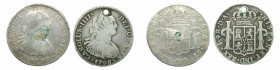 LOTS - Carlos IV (1788-1808). LOTE 2 piezas 4 reales 1793 y 1798 DA. Santiago. AC 826 833. 1793 Agujero tapado. 1798 agujero.
bc