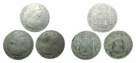 LOTS - Carlos IV (1788-1808). LOTE 3 piezas 8 Reales 1794, 1796 y 1797 IJ. Lima. AC 910, 913 y 915. Rayitas.
bc