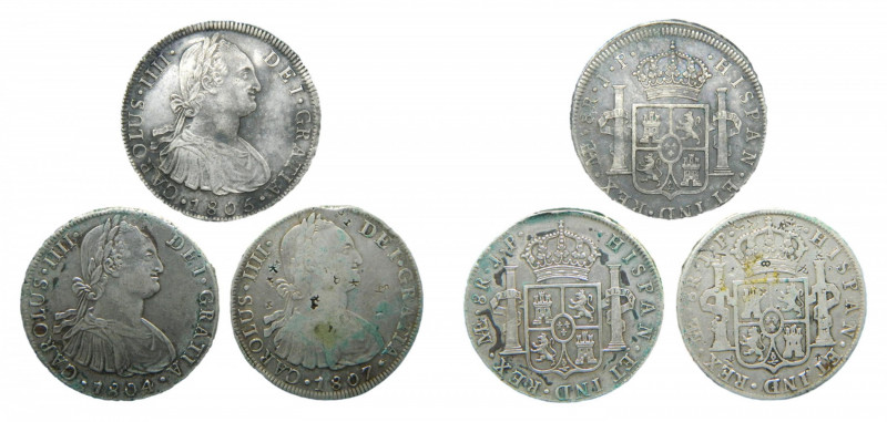 LOTS - Carlos IV (1788-1808). LOTE 3 piezas 8 Reales 1804, 1805 y 1807 JP. Lima....