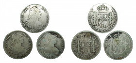 LOTS - Carlos IV. (1788-1808). LOTE 3 piezas 8 Reales 1793 PR, 1795 PP y 1796 PP. Potosí. AC 993, 999 y 1000.
bc
