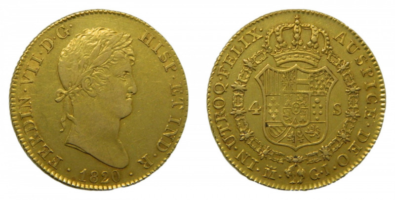 Fernando VII (1808-1833). 4 escudos 1820 GJ. Madrid. AC 1716. AU. Busto laureado...