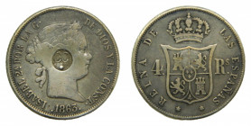 Isabel II (1833-1868). 4 reales 1863. Madrid. AC 468. Resello a identificar. 4,95 gr Ar.
mbc