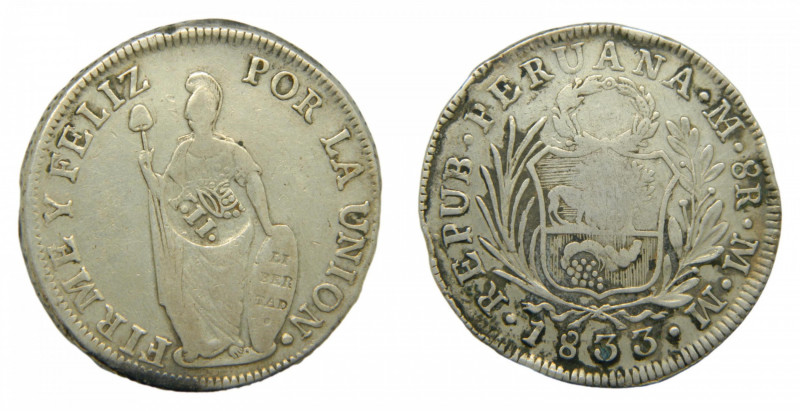 Isabel II (1833-1868). Resello Y II ,en 8 reales de Peru 1833 Lima. (AC 668) (Km...