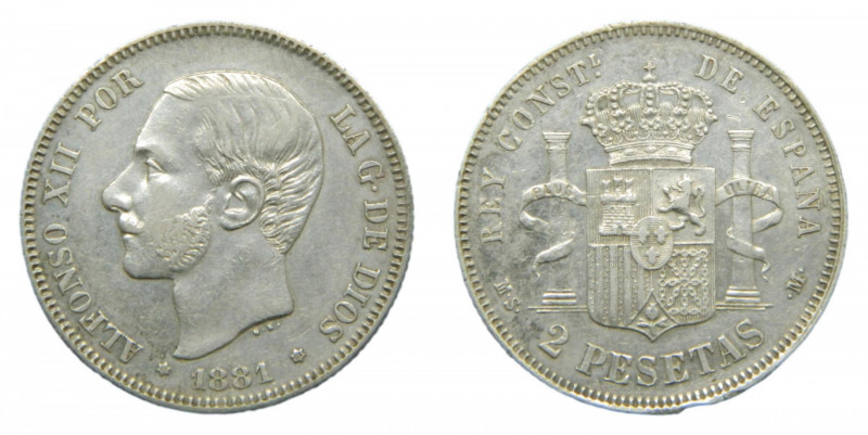 Alfonso XII. 2 pesetas. 1881 *18-98 MSM. Bonita. Pequeño golpe en el camto a 6 h...