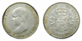 Alfonso XIII. 2 pesetas. 1891 *18-91 PGM. Rara y más así.
ebc/ebc-
