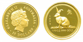 AUSTRALIA 1999. 15 dolares. 1/10 oz Gold 999. Conejo año lunar.
proof