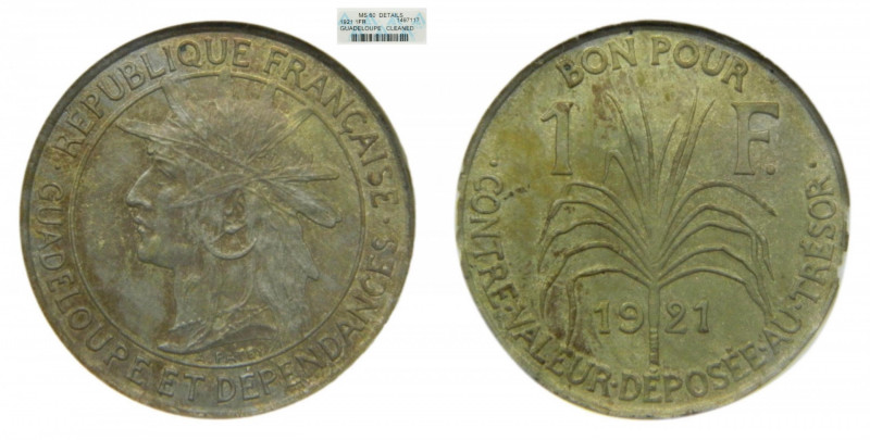 GUADELOUPE. 1921. 1 Franc (km#46) Cn. encapsulado ANACS MS60.
MS60