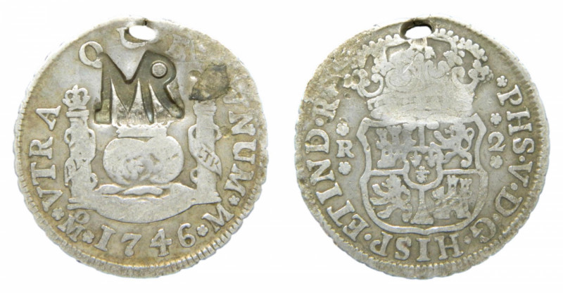 MOZAMBIQUE Resello MR sobre 2 reales de 1746 Mexico Felipe V. Agujero. 6,34 gr A...