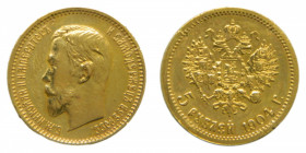 RUSSIA. 1904 AP. 5 rublos (y#62) 4,3 gr Au. Nicholas II. Limpiada.
mbc