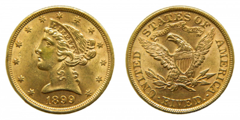 UNITED STATES OF AMERICA. 1899. 5 dolares. (km#101) (Half Eagle) Coronet Head. 8...