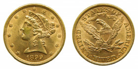 UNITED STATES OF AMERICA. 1899. 5 dolares. (km#101) (Half Eagle) Coronet Head. 8,38 gr Au.
mbc+