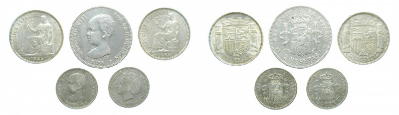 Lote 5 Monedas plata, 2 de 50 centimos 1892 y 1894 , 2 de 1 peseta 1933, 1 de 2 ...