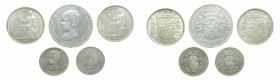 Lote 5 Monedas plata, 2 de 50 centimos 1892 y 1894 , 2 de 1 peseta 1933, 1 de 2 pesetas 1889.
bc/mbc