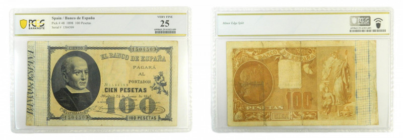 Billete de 100 pesetas 1898 Jovellanos. PCGS VF25. Pick#48. Serie 1504509.
VF25