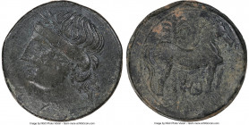 CARTHAGE. Zeugitana. Ca. 221-210 BC. AE trishekel (30mm, 12h). NGC Choice VF, overstruck. Second Punic War, ca. 220-215 BC. Head of Tanit left, wreath...
