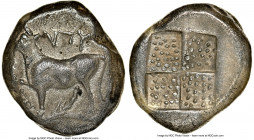 THRACE. Byzantium. Ca. 387-339 BC. AR tetradrachm (21mm). NGC XF. Chian standard. YΠY, bull standing left on dolphin left, right foreleg raised with m...