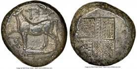 THRACE. Byzantium. Ca. 387-339 BC. AR tetradrachm (20mm). NGC Choice VF. Chian standard. YΠY, bull standing left on dolphin left, right foreleg raised...
