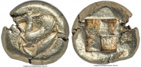 MYSIA. Cyzicus. Ca. 500-450 BC. EL stater (19mm, 16.05 gm). NGC VF 4/5 - 4/5. Forepart of winged stag left; tunny fish diagonally left below / Quadrip...
