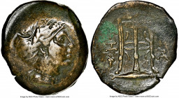 MYSIA. Cyzicus. Ca. 3rd century BC. AE (27mm, 11h). NGC Choice VF. Head of Kore Soteira right, wearing saccos / K-Y/Ξ-I, tripod on tunny; grape bunch ...