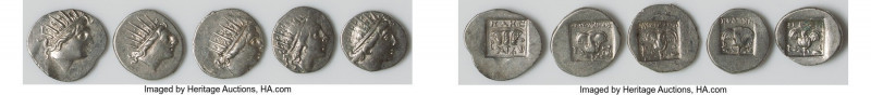 ANCIENT LOTS. Greek. Carian Islands. Rhodes. Ca. 88-84 BC. Lot of five (5) AR dr...