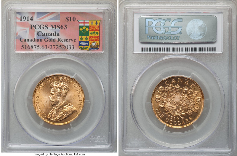 George V gold 10 Dollars 1914 MS63 PCGS, Ottawa mint, KM27. Canadian gold reserv...