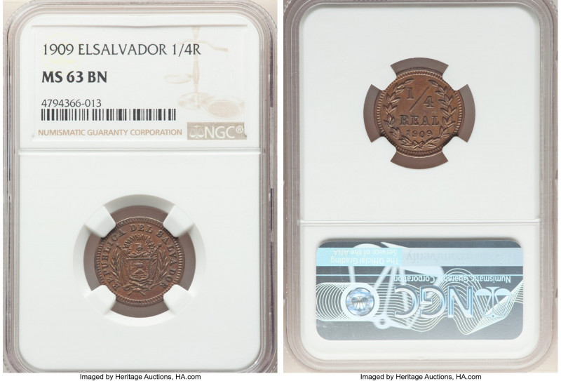 Republic 1/4 Real 1909 MS63 Brown NGC, KM120. One year type choice uncirculated ...