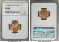Republic gold 100 Francs 1935 MS64 NGC, Paris mint, KM880. Popular type with an art deco stylized winged head of the Republic. A true beauty to behold...