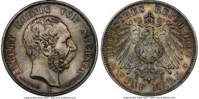 Saxony. Georg 5 Mark 1902-E MS66 NGC, Muldenhutten mint, KM1256, J-128. Death of Albert commemorative. Multicolored toning with cartwheel luster. 

HI...