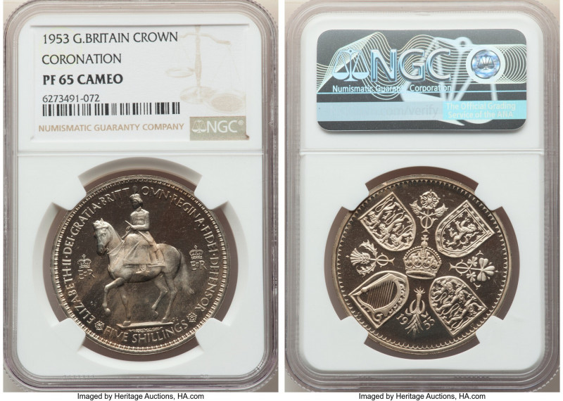 Elizabeth II Proof Crown 1953 PR65 Cameo NGC, KM894, S-4136. Exhibiting deep wat...