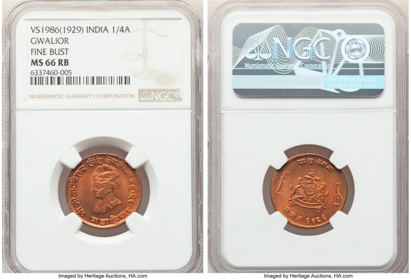 Gwalior. Jivaji Rao 1/4 Anna VS 1986 (1929) MS66 Red and Brown NGC, KM176.1. Fin...