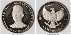 Republic Proof "25th Anniversary of Independence - General Sudirman" 1000 Rupiah 1970, KM27. 55mm. 40.31gm. Housed in mint issued plastic folder with ...
