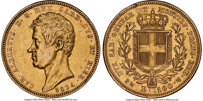 Sardinia. Carlo Alberto gold 100 Lire 1834 (Anchor)-P AU50 NGC, Genoa mint, KM13...