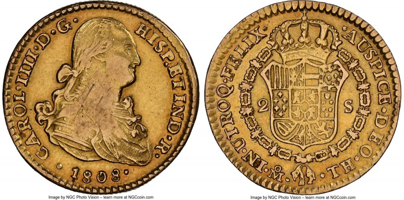 Charles IV gold 2 Escudos 1808 Mo-TH XF Details (Obverse Scratched) NGC, Mexico ...