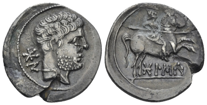 Hispania, Bolscan-Osca. Denarius circa 150-100, AR 20.00 mm., 3.69 g.
Bearded m...