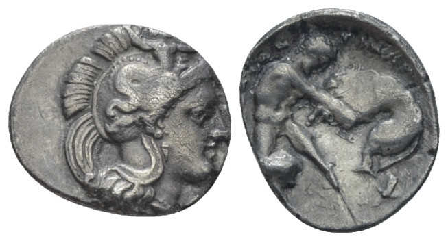 Calabria, Tarentum Diobol circa 380-325, AR 12.00 mm., 1.02 g.
Helmeted head of...