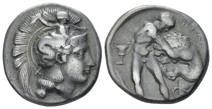 Lucania, Heraclea Nomos circa 340-330, AR 20.00 mm., 7.56 g.
Head of Athena r.,...