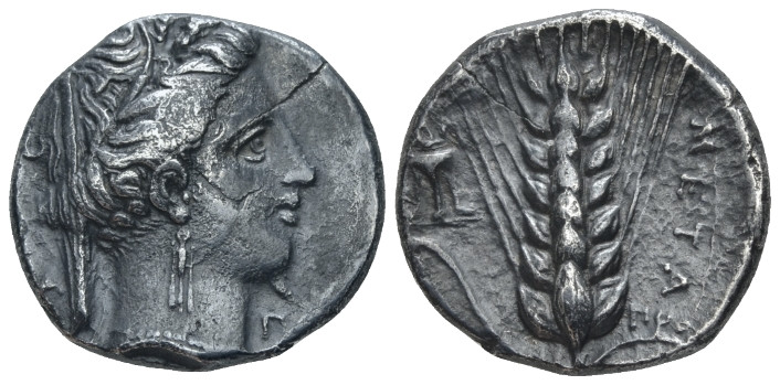 Lucania, Metapontum Nomos circa 340-330, AR 20.00 mm., 7.62 g.
Wreathed head of...