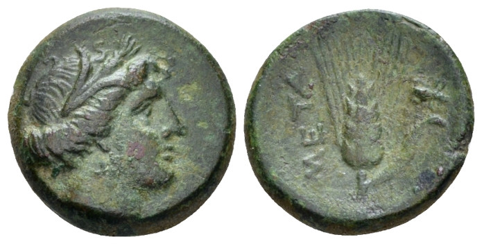 Lucania, Metapontum Bronze circa 300-250, Æ 15.00 mm., 2.93 g.
Head of Demeterr...
