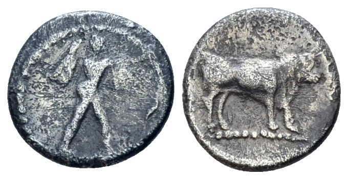Lucania, Poseidonia Diobol circa 445-420, AR 11.00 mm., 1.17 g.
Poseidon, weari...