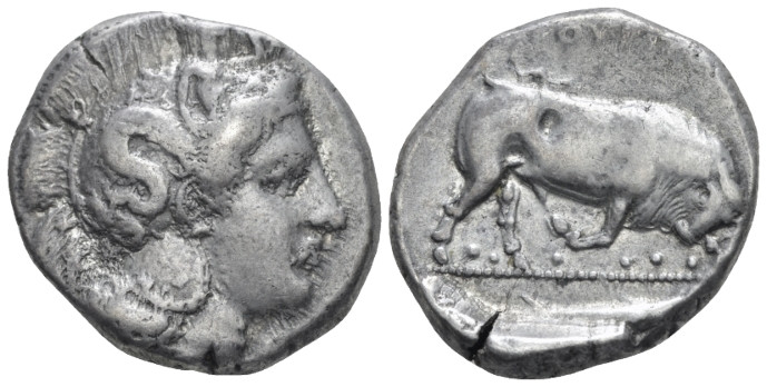 Lucania, Thurium Dinomos circa 400-350, AR 25.00 mm., 15.24 g.
Head of Athena r...