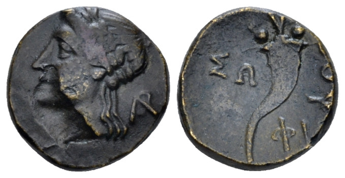 Lucania, Thurium as Copiae Bronze circa 250-225, Æ 12.00 mm., 1.95 g.
Laureate ...