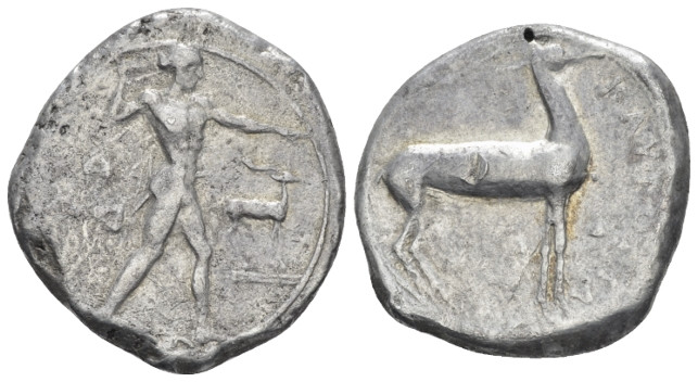 Bruttium, Caulonia Nomos circa 475-425, AR 20.00 mm., 7.76 g.
Apollo standing r...