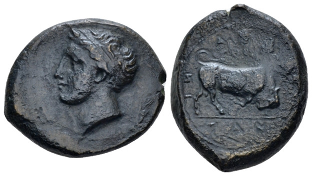Sicily, Adranum Bronze circa 339-317, Æ 20.00 mm., 7.88 g.
Diademed head of you...