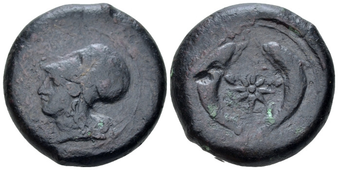Sicily, Syracuse Drachm circa 375-345, Æ 29.00 mm., 31.37 g.
Head of Athena l.,...