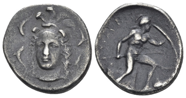 Sicily, Syracuse Drachm circa 405-395, AR 18.00 mm., 3.97 g.
Helmeted head of A...