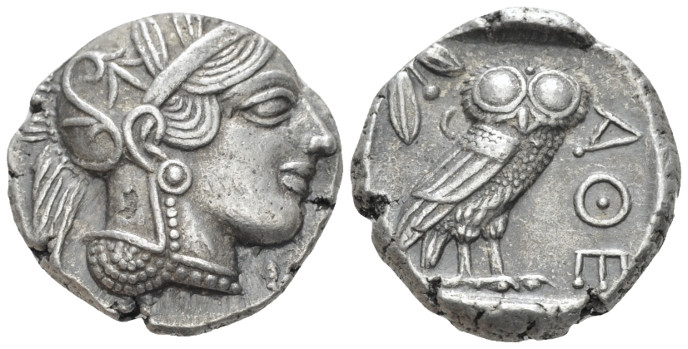 Attica, Athens Tetradrachm after 449, AR 25.00 mm., 17.14 g.
Head of Athena r.,...